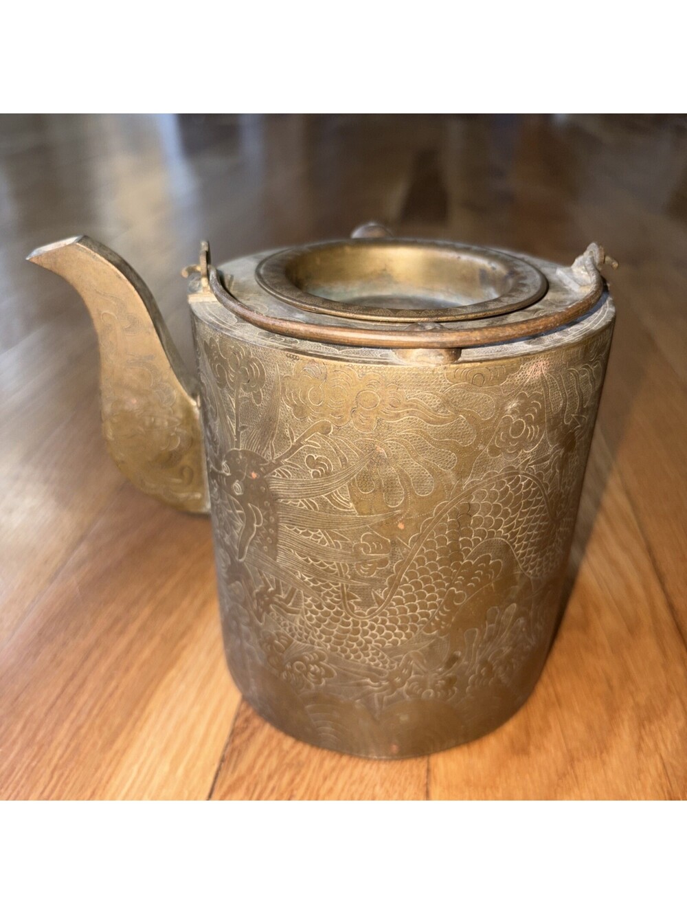 Antique Japanese Tetsubin with Dragon and Clouds Relief.